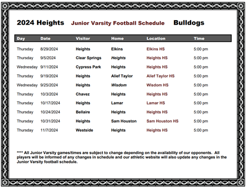 Junior Varsity Football Schedule